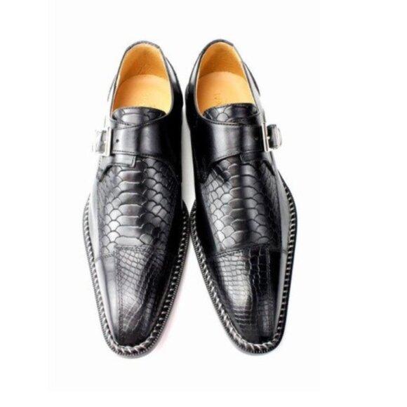 Doula Black Crocodile Printed Monk Straps Calfskin